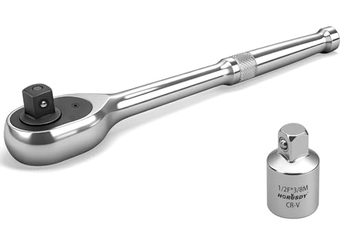 Image of HORUSDY 1 /2 inch Drive 90T Quick-Release Ratchet Handle, Reversible Chrome Alloy Socket Wrench with 1 /2 inch to 3 /8 inch Adapter, Durable and Comfortable for Automotive, DIY, Industrial and Bicycle Repairs