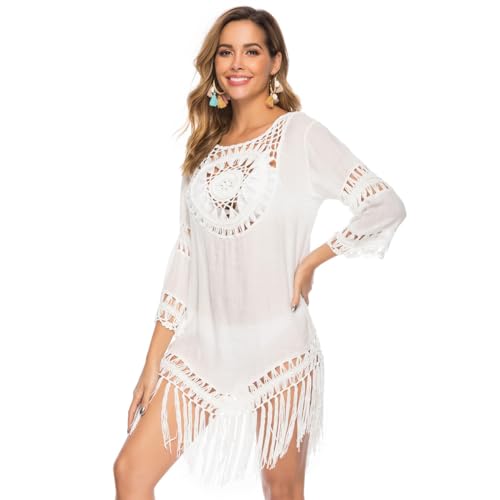 LWBTOSEE Swimsuit Coverups for Women Beach Dresses Beachwear Crochet Bikini with Loose Tassels (White)