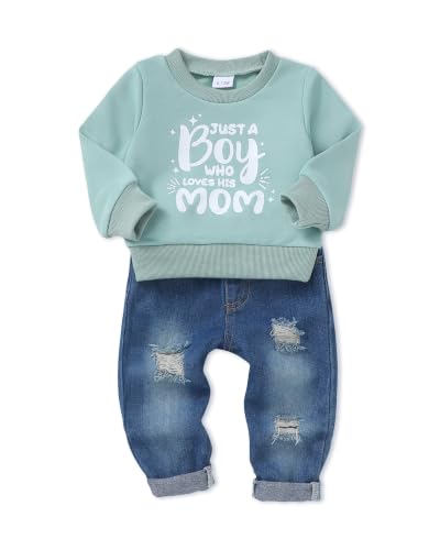Image of NZRVAWS Toddler Baby Boy Clothes Pullover Sweater Ripped Jean Sweatsuit Little Boy Outfit Fall Winter Clothing Set 6M-7T