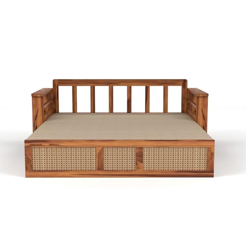 Image of Solid Sheesham Wood Sofa Cumss Bed with Cushions | Rosewood Day Bed with Rattan Cane Work & Storage | Convertible Sofa Bed for Living Room & Bedroom (Natural Finish)