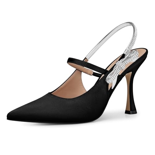 CELLENZ Women Kitten Heel Pumps: Pointed Toe Slingback High Heels - Black Sparkly Bow Sexy Pump...