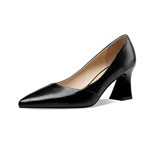 TinaCus Genuine Leather Women's Handmade Clear Pointed Toe Mid Spool Heel Slip On Elegant Office Pumps