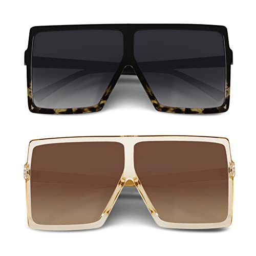 CHAUOO Ultralight Square Oversized Sunglasses Classic Fashion Style 100% UV Protection for Women Men (2pcs-Leopard-Orange)