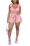 acelyn Women’s 2 Piece Outfits Ruffle Sweatsuit V-Neck Tank Crop Tops Tie Waist Short Sets Tracksuit