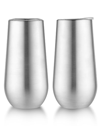 Consejos para Comprar Copas de champán sin tallo los 5 mejores. 44 Sivaphe - Juego de 2 copas de champaña sin tallo con tapa, aislamiento de acero inoxidable, vasos de cóctel, reutilizable, método de tostado de boda, 6 onzas, color azul