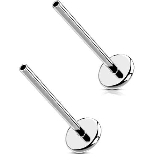 20G/18G/16G Threadless G23 Titanium Silver Gold Replacement Post Bar Flat Back Stud Earrings for Nose Helix Cartilage Tragus Conch Lobe Labret Medusa Piercing Jewelry for Women Men 2pcs, sil