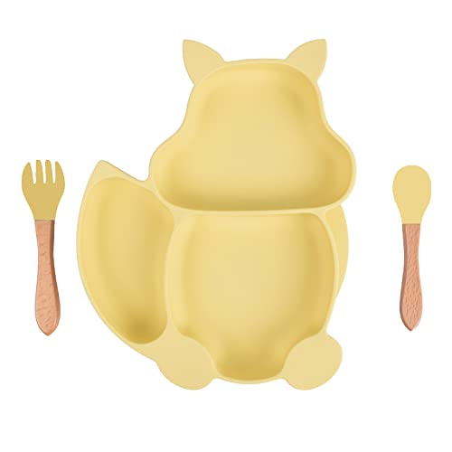 Baby Teller Schüssel,Baby Essen Geschirr Set Mini Silikon Tischset für Baby Teller Baby Rutschfest Babyteller mit Saugnapf Kinderteller mit Saugnapf- BPA freies(Eichhörnchen-gelb)