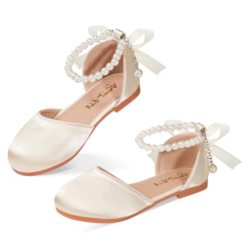 KDVOG Toddler Girls Dress Shoes Flower Girls Mary Jane Ballet Flats Decorative Pearls Lace-Up Ankle Strap Wedding Communion Princess Shoes