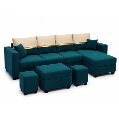 Image of Furny Arvea 8 Seater Fabric RHS L Shape Sofa Set with 1 Centre Table & 2 Puffy (Greenish Teal) | Soft Velvet Fabric | Modern Design | Comfortable Seating | Living Room Furniture