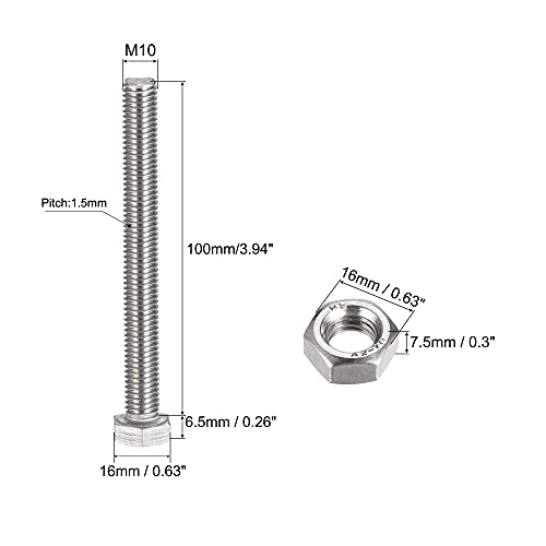 Image of uxcell M10 x 100mm Hex Head Screws Bolts, Nuts, Flat & Lock Washers Kits, 304 Stainless Steel Fully Thread Hexagon Bolts 6 Sets