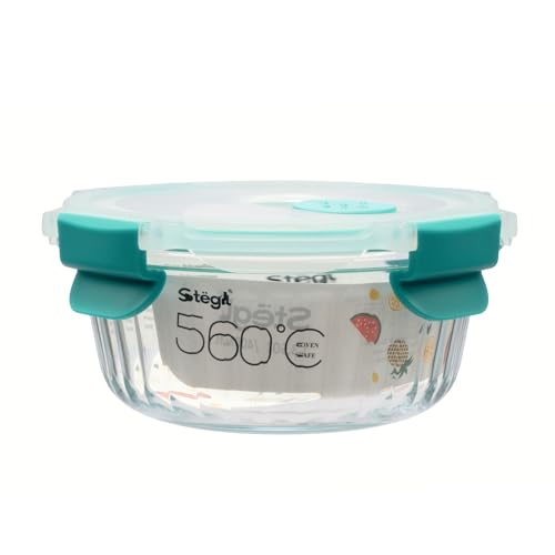 Image of Stegl 400ml Glass Food Container Airtight Storage Container with Slip-Vent Lid | Round Striped Design Meal Prep Food Container | Microwave & Fridge Safe