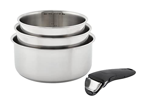T-fal Ingenio Expertise Stainless Steel Cookware Set 4 Piece, Induction, Oven Safe, Stackable Cookware, Pots and Pans, RV, Camping, Frying Pans, Dishwasher Safe, Detachable/Removable Handle, Silver by T-Fal - Used condition - US$60.36