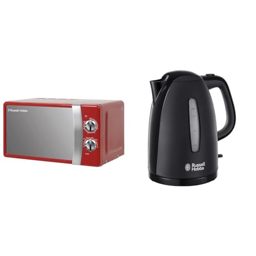 Russell Hobbs RHMM701R 17 Litre 700 W Red Solo Manual Microwave with 5 Power Levels, Ringer & Timer & Textures Electric 1.7L Cordless Kettle (Fast Boil 3KW, Black premium plastic, matt