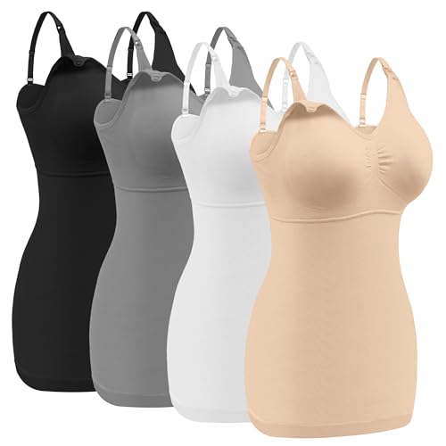 Image of Angelhood 4 Pack Maternity Nursing Tank Tops for Breastfeeding,Womens Nursing Maternity Cami Built in Bra Sleep Bra, Medium, Black/Gray/White/Biege