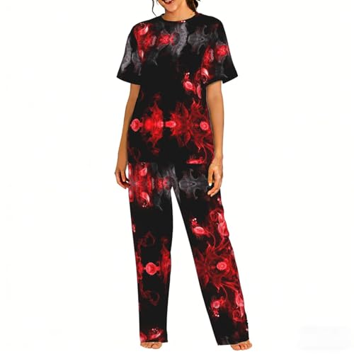 Pyjama doux imprimé abstrait rouge noir vêtement nuit confortable femme