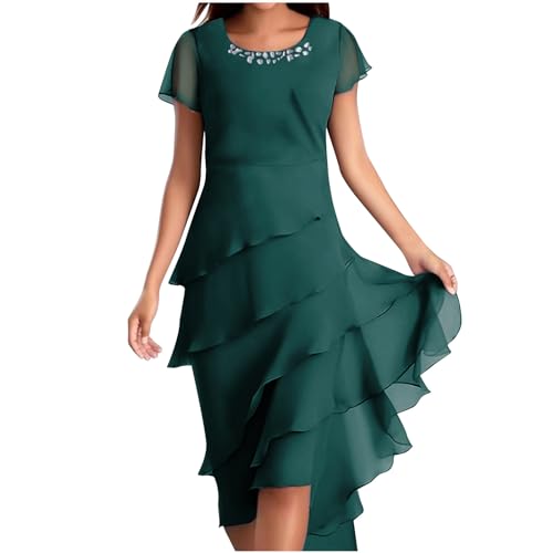 Sale Kleider für Damen, Rüschen, kurzärmelig, Lagenkleid mit Chiffon-Overlay, Sommer, Hochzeit, Gast, Cocktail-Party, formelle Kirche, Midi-Kleid,...