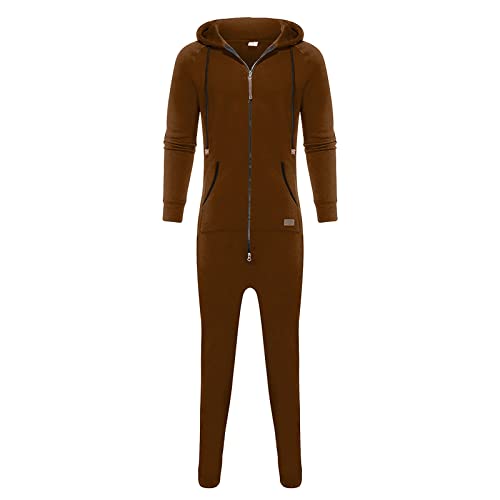 WUAI Onesie Men's Hooded Jumpsuit Zip Up One Piece Pajamas Playsuit Jogger Sweatsuit Overall Romper Coffee4