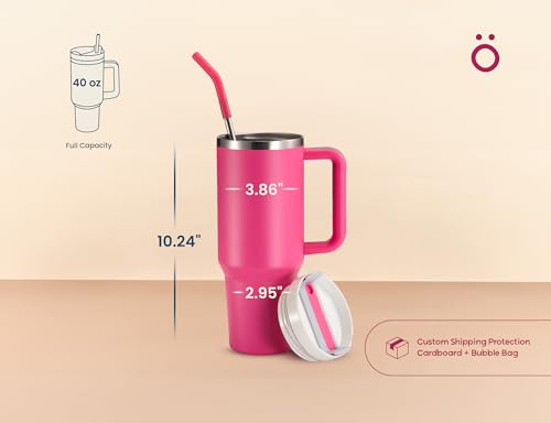 Image of KooK Stainless Steel Tumbler, with Straw and Handle, Leakproof, Vacuum Insulated Travel Coffee Mug, Reusable Double Walled Water Bottle, Keeps Hot or Cold, 40 oz, Bubblegum Pink
