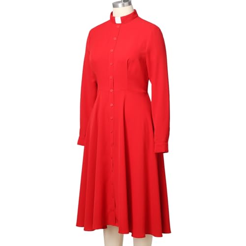 Image of FAD-4U Church Clergy Dress for Women Long Sleeve Rows Buttons A Line Dress with Tab Collar