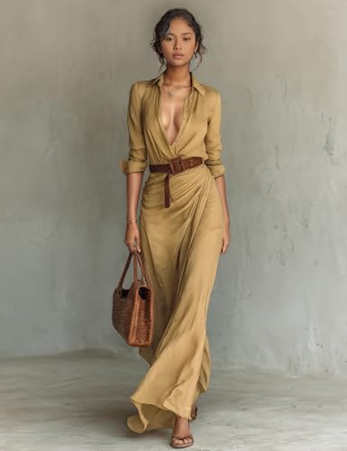 Women's Khaki Lapel Single-Breasted Belted Maxi Dress Long Sleeve Elegant Office Business Formal Casual Wear4