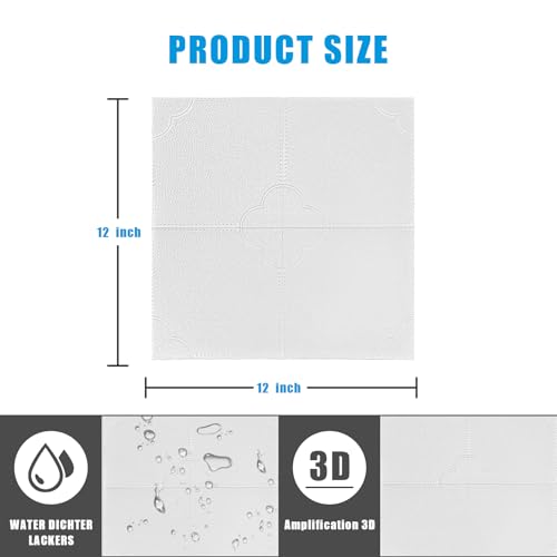 JOLOV 3D Wall Panels, Pack of 12 Tiles Wall Panels, Waterproof, Heat Resistant, 19.7 x 19.7inch PVC Wall Panel, Matt White Diamond Design 32 Sq Ft,for Living Room,Hotel Lobby,Game Room (Blocks)