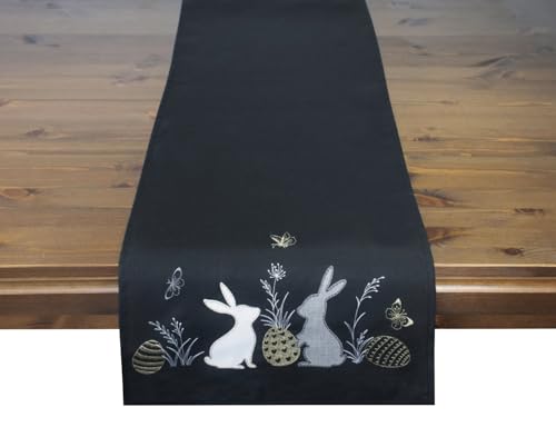 Tischläufer mit Osterhasen und Eiern, Motiv, Stickerei zu Ostern, Schwarz-Gold, Modern, 40x140 cm