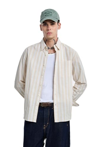 Image of SNITCH Men Casual Shirt | Regular Fit Long Sleeve Button-Down Collar Striped Pattern | 100% Cotton Breathable Fabric Smart Casual Summer Styling