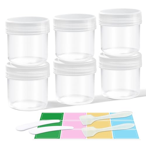 DEMORA Small Travel Containers Plastic Jars with Lids for Creams Refillable TSA Approved Travel Size Containers for Lotion Makeup Cosmetic Ointments Slime PP BPA Free (Clear 1 oz 6 Pcs)