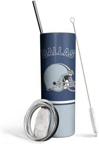 20oz Dallas Skinny Tumblers with Lid and Straws, Football Fan Gift for Reusable Travel Mug Keeps Drinks Cold & Hot Stainless Steel Insulated Tumbler