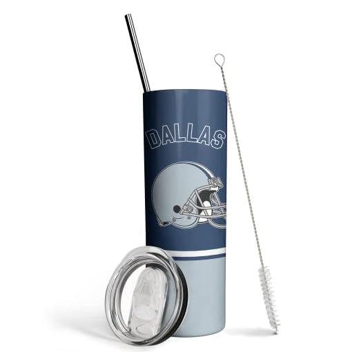 20oz Dallas Skinny Tumblers with Lid and Straws, Football Fan Gift for Reusable Travel Mug Keeps Drinks Cold & Hot Stainless Steel Insulated Tumbler
