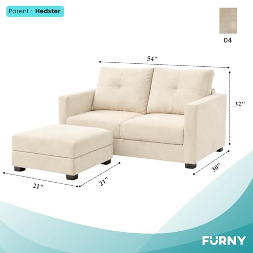 Image of FURNY Heritage 2 Seater Fabric Sofa Set with 1 Ottoman (Cream) with Velvet Finish | Durable Comfort | Ideal for Living Room