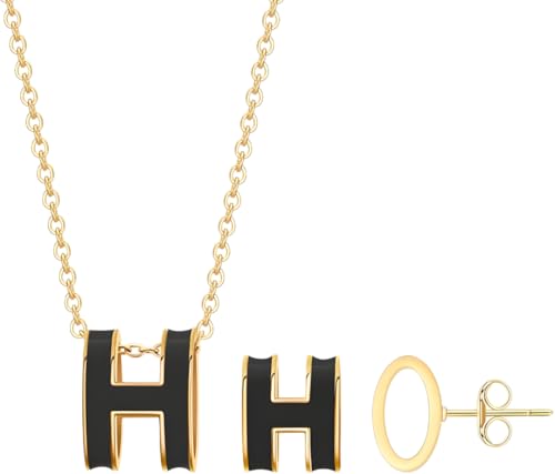 H Necklace, H earrings, Gold Stud Earrings for Women – Hypoallergenic Stainless Steel with H Enamel Color, Elegant & Trendy Jewelry for Sensitive Ears, Classic Round Enamel Earrings for Daily Wear
