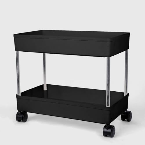 Image of 2 Tier Storage Rack, Kitchen Trolley, Storage Cart with Wheels, Rolling Storage Cart, Kitchen Storage Rack, Multipurpose Trolley (Black)