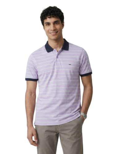 Image of Park Avenue Men Slim Fit Stripe Pattern Pure Cotton Polo Neck Half Sleeve Casual T-Shirt