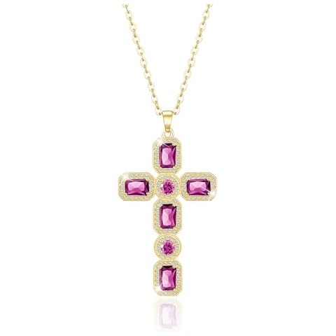 Linawe Gold Cross Necklace for Women Trendy, Pink Jewelry Cross Charm Pendant Chain Necklace, Moissanite Crystal Imitation Diamond Birthstone Cubic Zirconia Jewelry, Catholic Birthday Gifts Cover