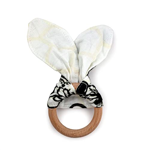 Image of Kanga Care Baby Soft Muslin Sensory Crinkle Bunny Ear Wood Teething Ring - Unity Bees