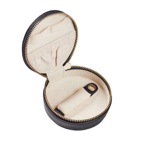 Decorebay Everyday Genuine Cow Leather Zip Around Mini Travel Jewelry Box Organizer with Zipper Closure (Midnight Black)