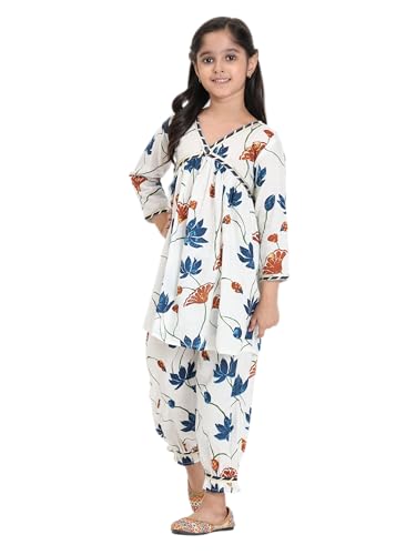 Image of Maaesa Girls' Light Pink & White Striped Cotton Alia Kurta and Afghani Pants Set | Sleeves | V-Neck with Metallic Trim | Lightweight & Breathable | Festive & Casual Wear