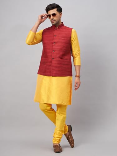 Image of VM Men's Silk Blend Jacket, Kurta and Pyjama Set (VMMJ121MAnK001CRnPCR Yellow 40)