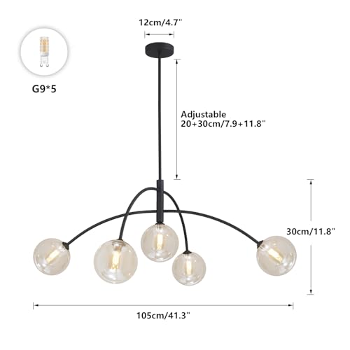 Image of 5 Light Modern Brass Chandelier Fixture Globe Glass Shade Pendant Light Black Kitchen Large Chandelier for Dining Room Kitchen Bedroom