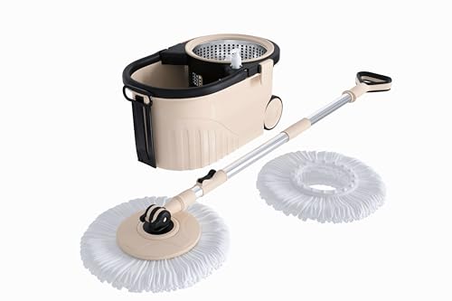 Image of Bonkaso Spin Mop with Stainless Steel Wringer & Big Wheels | 360 Rotating Mop, Adjustable Handle | Easy Floor Cleaning Bucket Set with 2 Microfiber Refills - Beige & Black (46 x 26.5 x 23 cm)