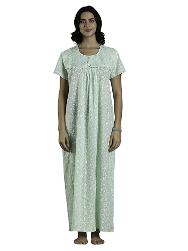 Image of 9shines Label Stylish Chikankari Cotton Nighty Maxi for Women | Full Length Nightgown | Nightdress with Pocket | Embroidery Nighty | Soft Comfortable Cotton Nightwear (1545)