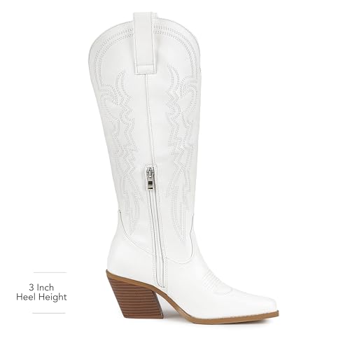 IDIFU IN3 Cowboy Boots for Women Cowgirl Knee High Western Embroidered Booties Side Zipper Low Block Chunky Heel Pull on Pointed Toe Tall Booties Comfy Dress Long Boots4