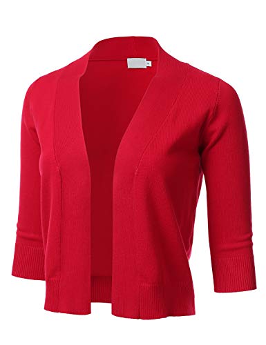 Women's Classic 3/4 Sleeve Open Front Cropped Cardigan RED L