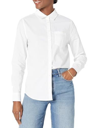 Amazon Essentials Damen Regular-Fit Langarm-Button-Down-Popeline-Hemd, Weiß, L