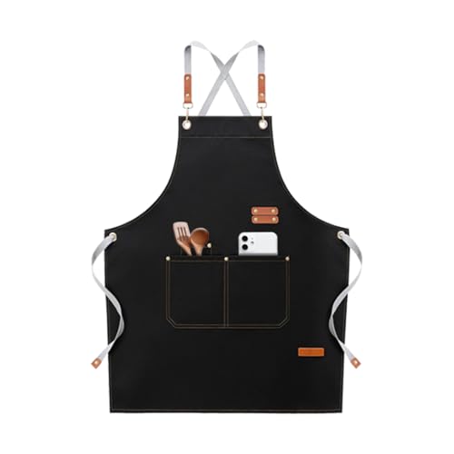 VOWOBEST Grillschürze fürMänner， Kochschürze Verstellbare Küchenschürze mit langen Bändern Wasserdicht Schürze mit 4 Taschen für Damen herren Küche Restaurant Café