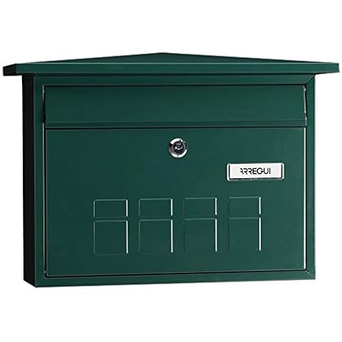 ARREGUI Deco E5703 Galvanised Steel Letter Box, Size M (DIN A4 Post), Horizontal Wall Post Box for Outdoor Use, Post Box with Name Plate and Flap, Green Cover
