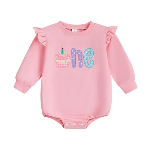 Newborn Baby Girl 1st Birthday Outfit Letter Cupcake Print Bubble Romper Long Sleeve Bodysuit Fall Winter Clothes