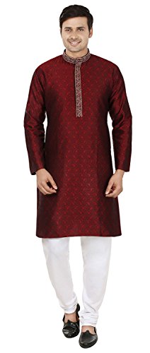 Ricamati in Seta Jacquard Mens Kurta Pigiama Indiane Abbigliamento (Maroon, L)