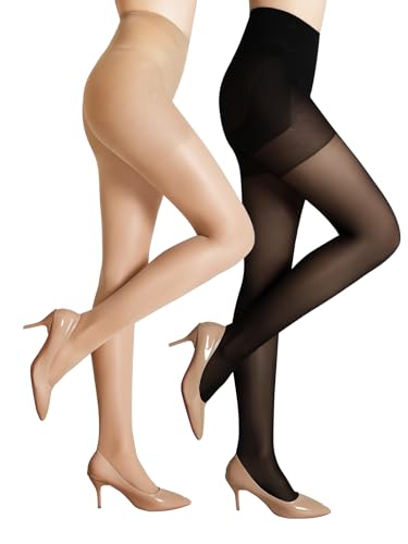 Image of 2 Pairs Control Top Pantyhose For Women - 40D Sheer Tights High Waist Tummy Control Support Stockings